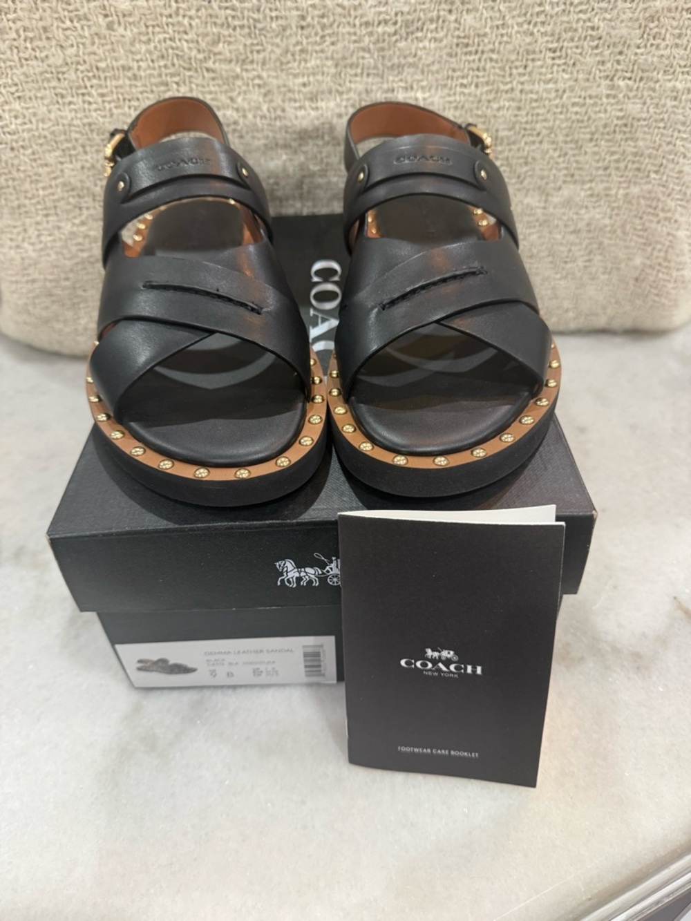 Coach Black Leather Studded Cross-Strap Sandals New Size 9 - Picture 6 of 6